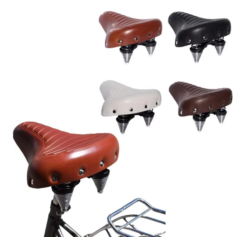 

Outdoor Comfortable Road Bike Seat Soft Wide Thicken Bicycle Saddle Vintage White Black Leather Pad With Spring Cycling Parts