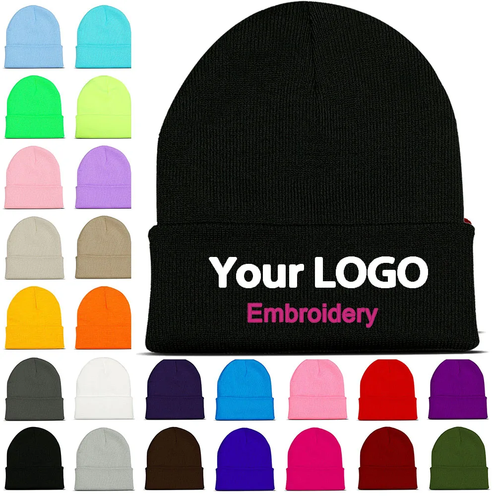 Personalized Customize Text Logo Embroidery Beanie Hats for Women Men Winter Warmer Knitted Caps Wholesale Dropshipping