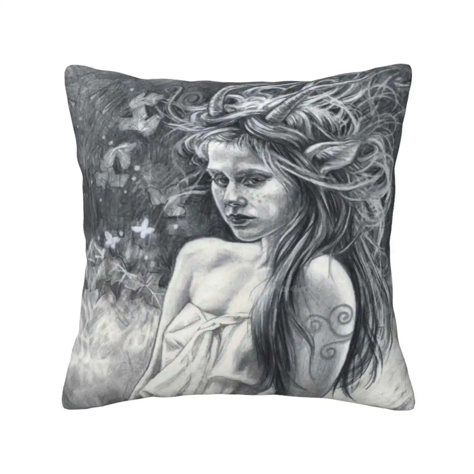 Faun Bedroom Office Hug Pillowcase Faun Jane Starr Weils Faeie Fairy Black And White Moody Fantasy Enchanted Mysterious Magical