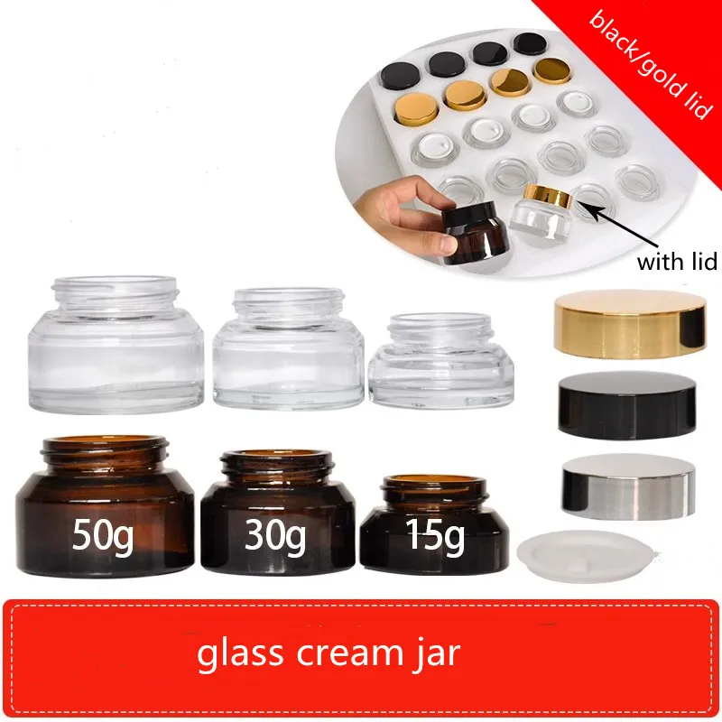 

Wholesale 15g/30g/50g Empty Cream Jar Glass Bottle Brown /Back Makeup Bottle Mini Cosmetic Container Sample Travel Portable