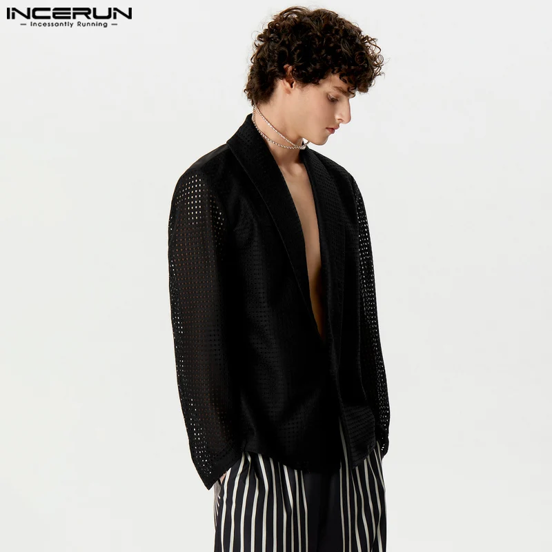 Men Blazer Mesh Hollow Out Lapel Long Sleeve One Button 2024 Suits Men Streetwear Solid Color Fashion Casual Male Coats INCERUN