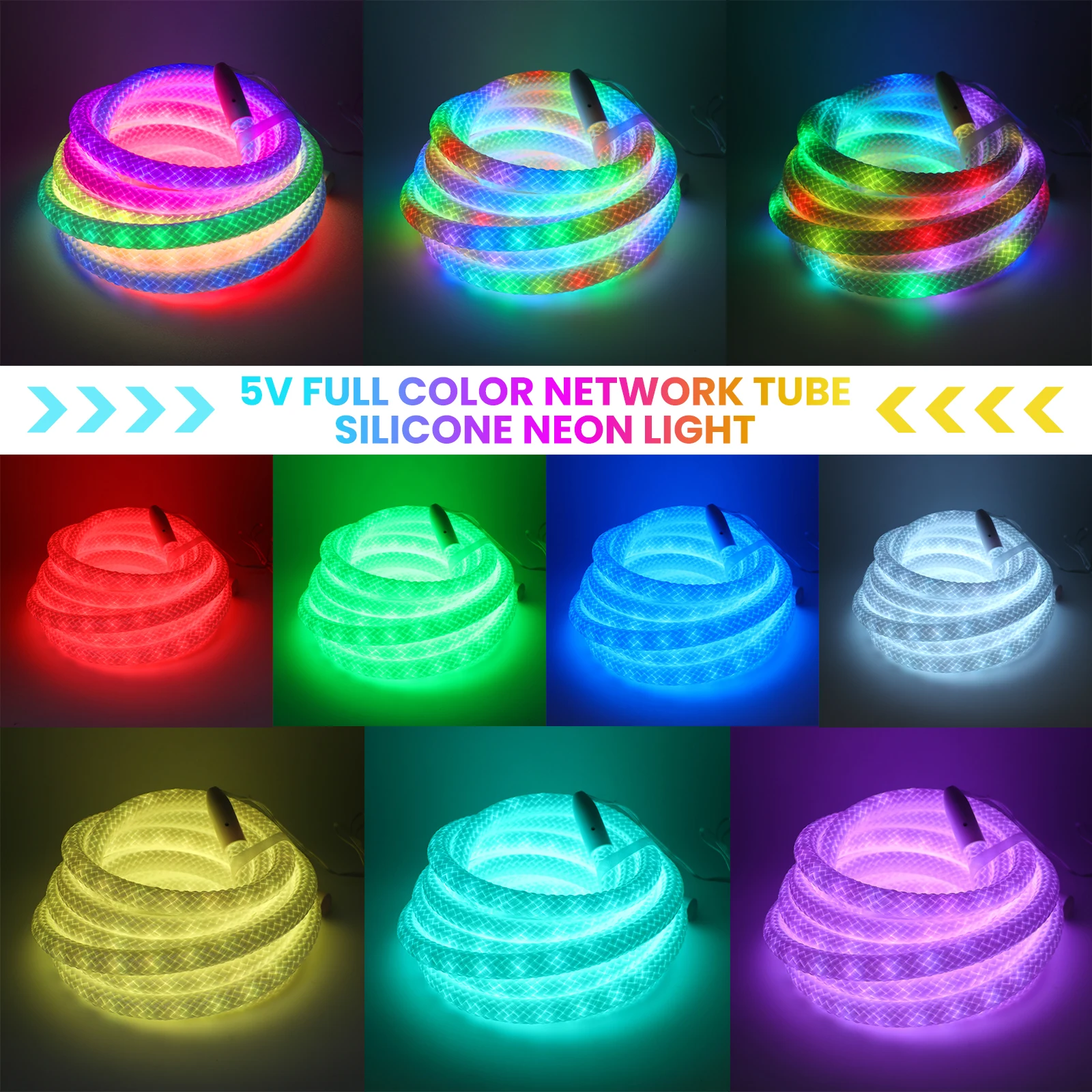 5V USB RGBIC Neon Rope Light 5M IP67 Round Reticulate Pattern Neon LED Strip with Bluetooth App and Remote For DIY Neon Lighting