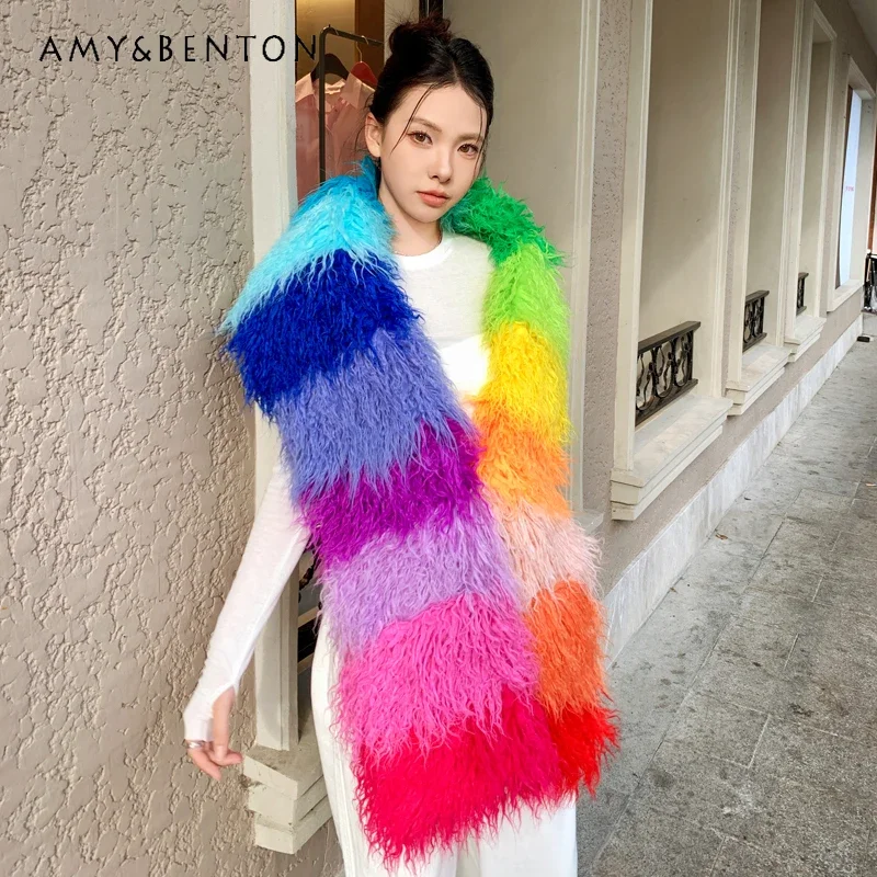 Rainbow Young Imitation Fur Cape Scarves Dress Vest Colorful Photo Rainbow Shawl Scarf Faux Furry Wrap Apparel Accessories Women