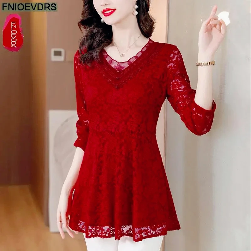 

M-3XL 2025 Women European Style Office Lady Ruffle Belly Hollow Out Button Black Lace Long Shirts Tunic Peplum Top Blouses