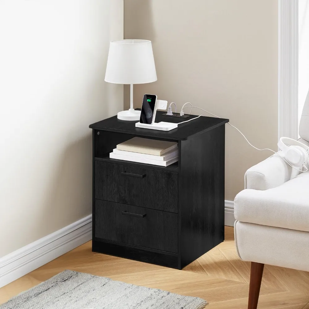 Everyday Side Table with Fast Charging Station - USB C Cable Fast Charging, Wooden Black Nightstand Bedside Table with 2 Drawers