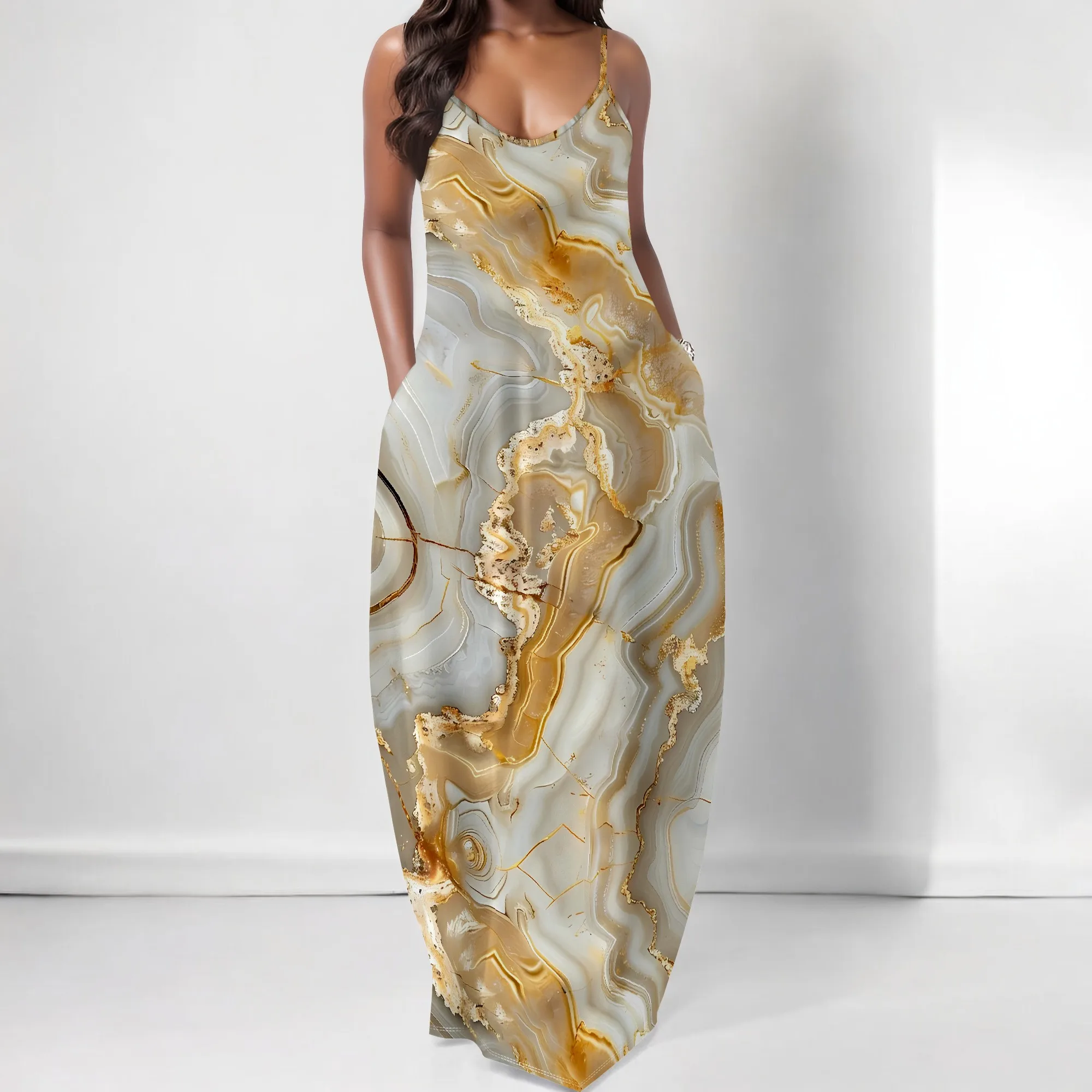 

EQQZD Sleeveless Crew Neck Spaghetti Strap Maxi Dress, Elegant Marble Pattern Print Dress with Pockets