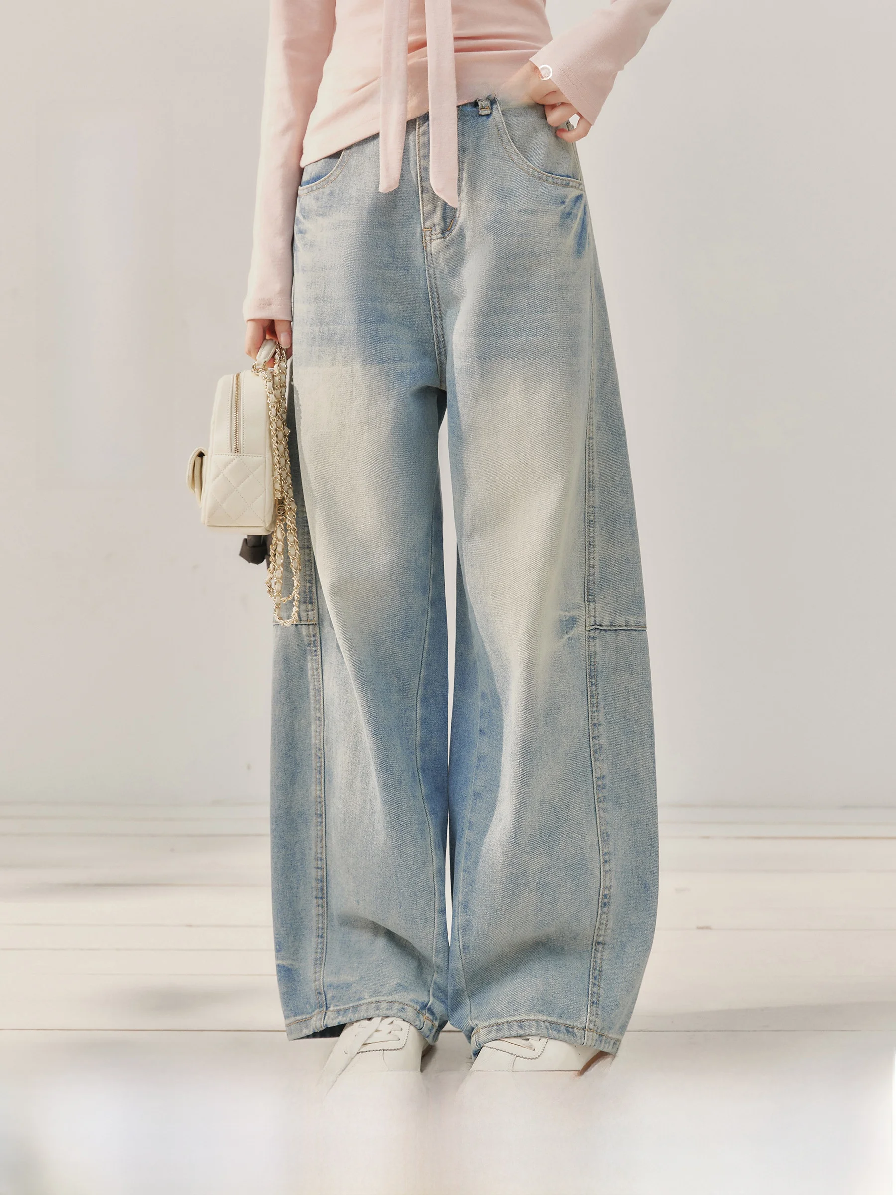 

Женские джинсы с высокой талией и широкими штанинами в американском стиле, светло-голубые, с эффектом потертости, модные, для весеннего сезона