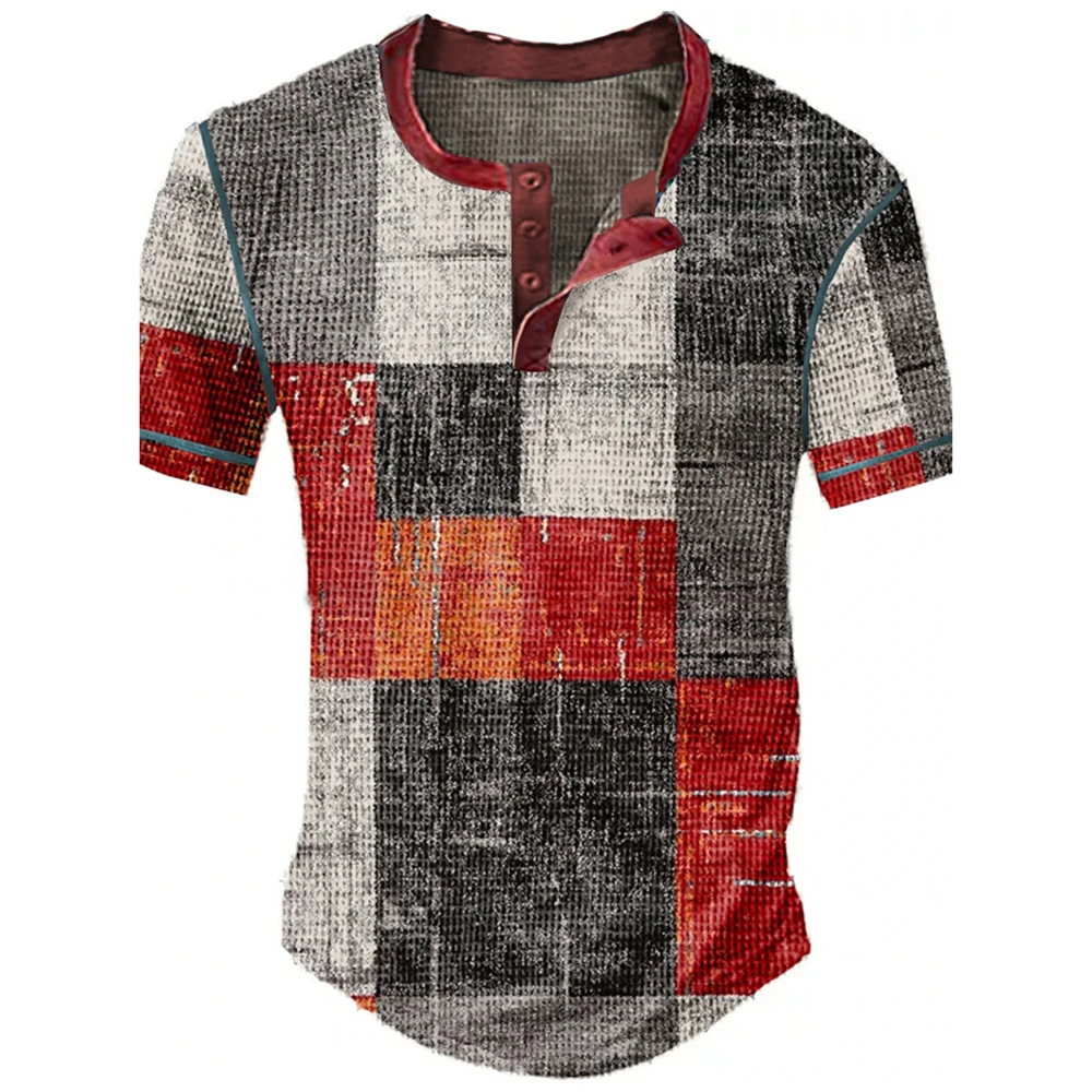 Farbblock-Patchwork Grafik 3D-Druck Henley-Shirts Herren Vintage Mode Übergroße Kurzarm T-Shirts Männer Oberteile Kleidung – Detail 4
