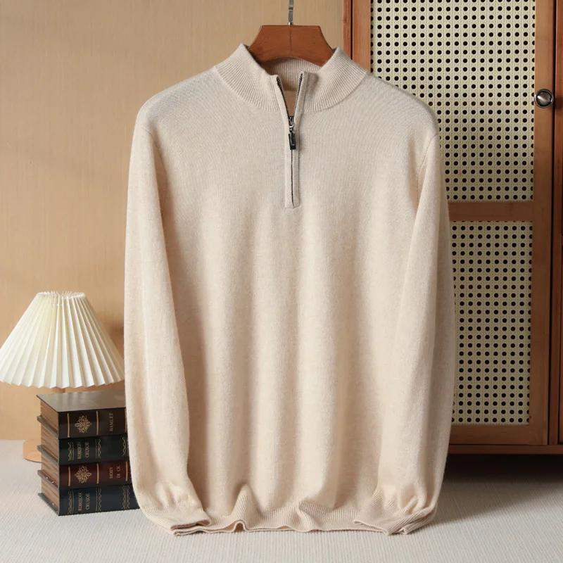 

Men's High-end 100% Cashmere Knitted Sweater With Half High Neck Zipper Winter Warmth Pullover, Solid Color Autumn Cashmere Top