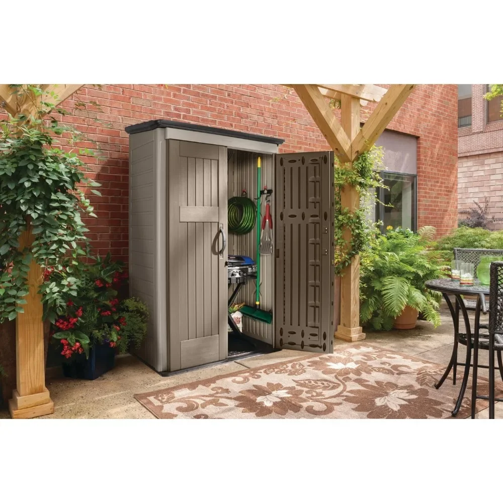 Vertical Resin Outdoor Storage Shed, Resistente às intempéries, Marrom, Organização para Casa, Quintal, Ferramentas de jardim, Piso, 4x2,5 pés