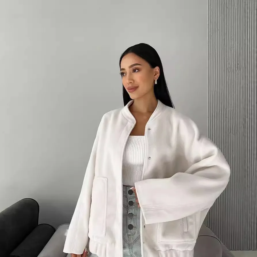 

NEW 2026Autumn Winter Women's Stand Collar Jacket Oversized Coat with Large Pockets Solid Color Minimalist Streetwear Outerwear