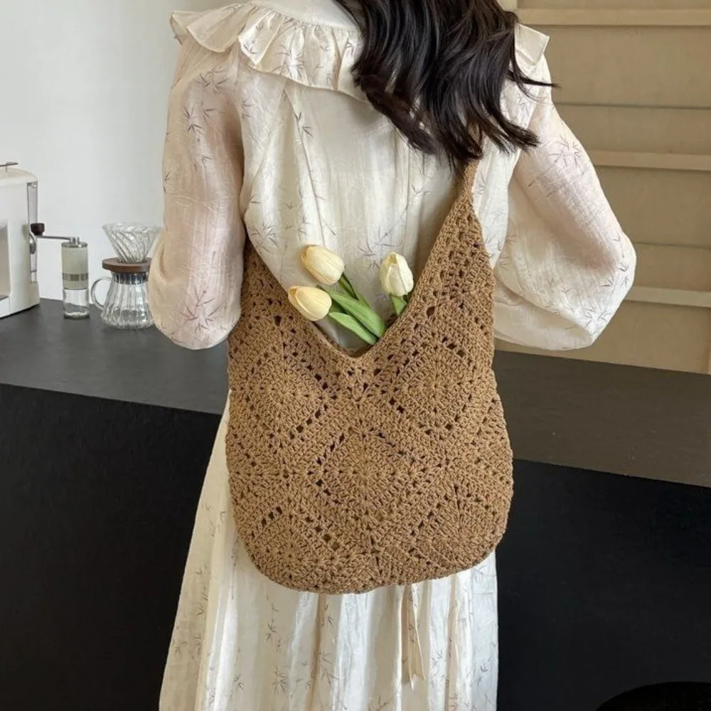 

Leisure Summer Women Straw Woven Bag Large Capacity Lazy Style Knitted Handbag Soft Hollow Out Crochet Shoulder Bag Daily