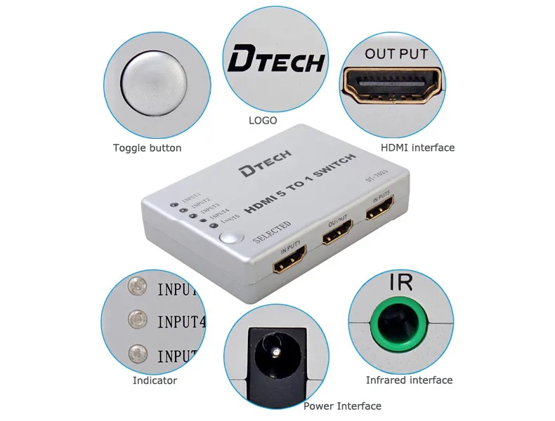 DTECH 5x1 HDMI Switch With Remote Control 5 in 1 Out Switcher for Other Audio & Video Equipments