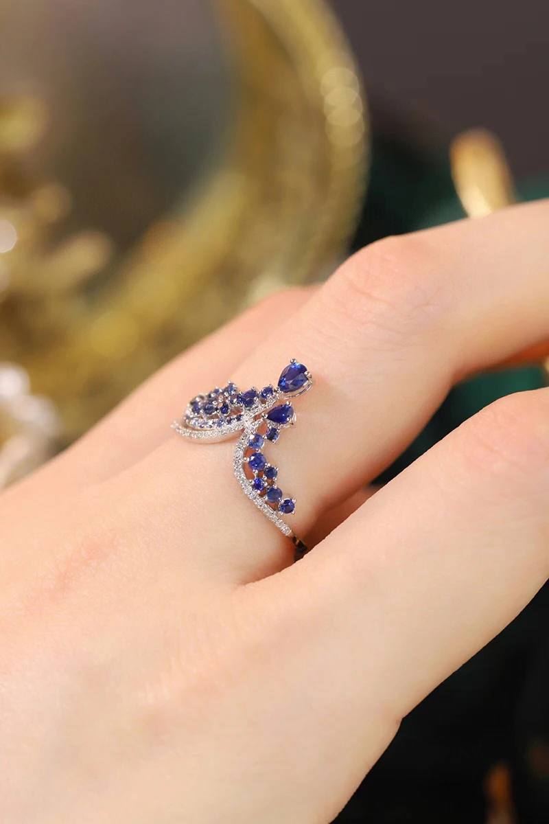 KUGG 100% 18K White Gold Rings Elegant Crown Design Natural Sapphire Engagement Ring for Women Luxury Diamond Jewelry