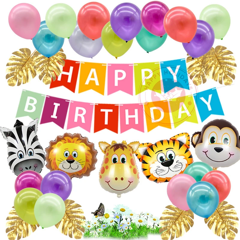 

Birthday Balloon Set Fishtail Flag Children's Forest Animal Theme Boy Cartoon Ballon Lion Tiger Zebra Head Aluminum Foil Baloon