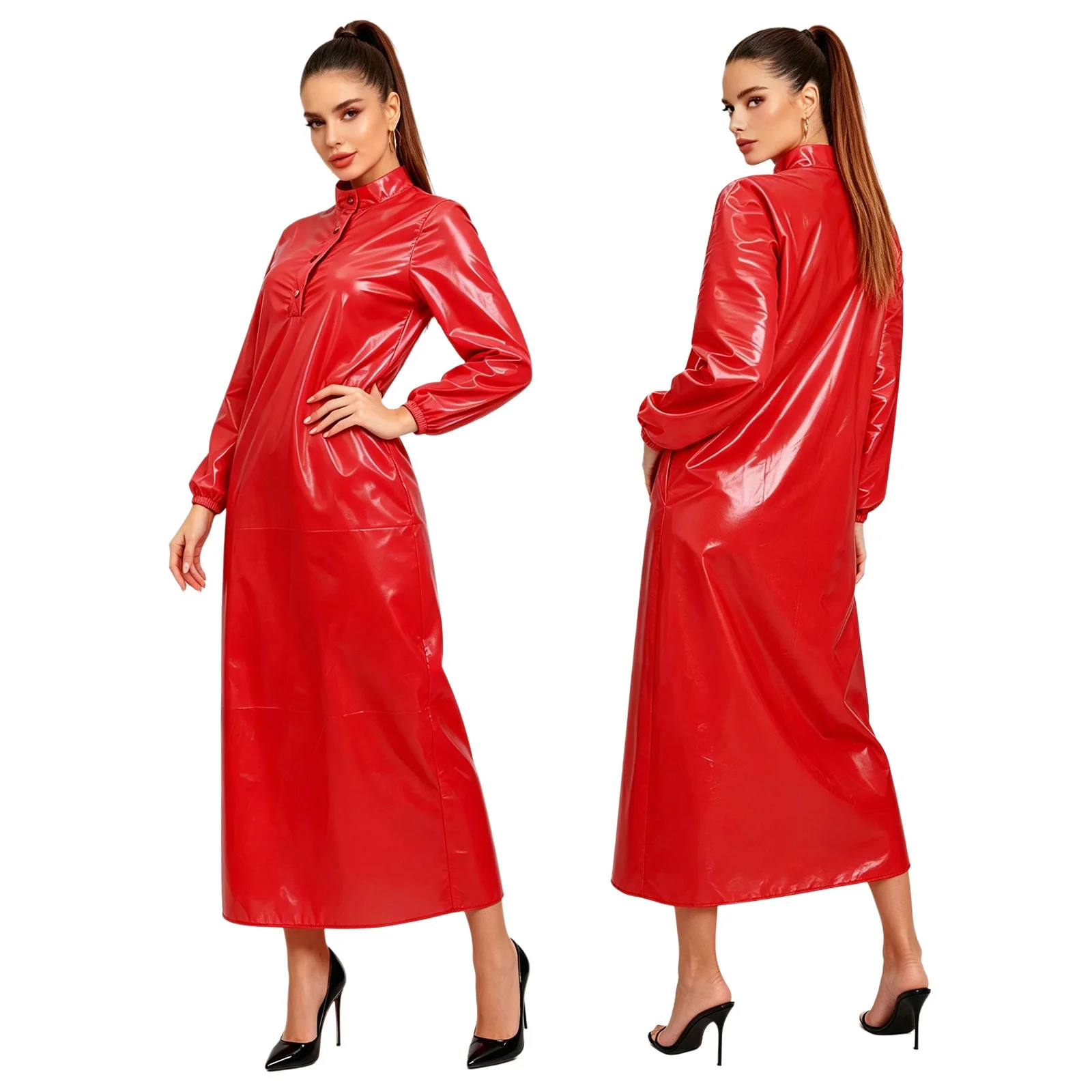 Glänzendes wasserdichtes Damenkleid mit langen Ärmeln, Knöpfen, A-Linie, Maxi-Kleid, Schlafkleid, Badeanzug-Überzug, Rave-Party, Streetwear, Clubwear