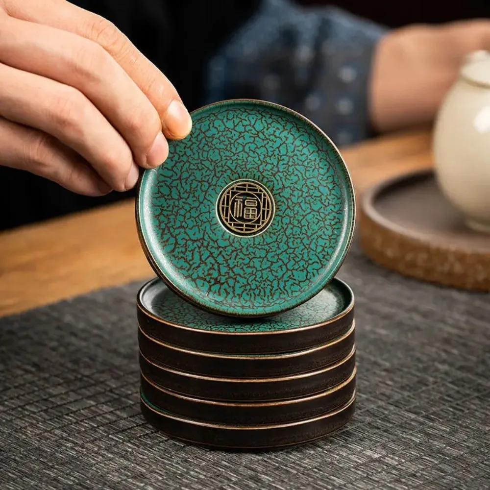 Posavasos de Cerámica Verde Oscuro Chapados en Oro Chino, Accesorios para Tazas de Té y Juegos de Té, Mini Bandeja, Decoración para el Hogar, Porcelana