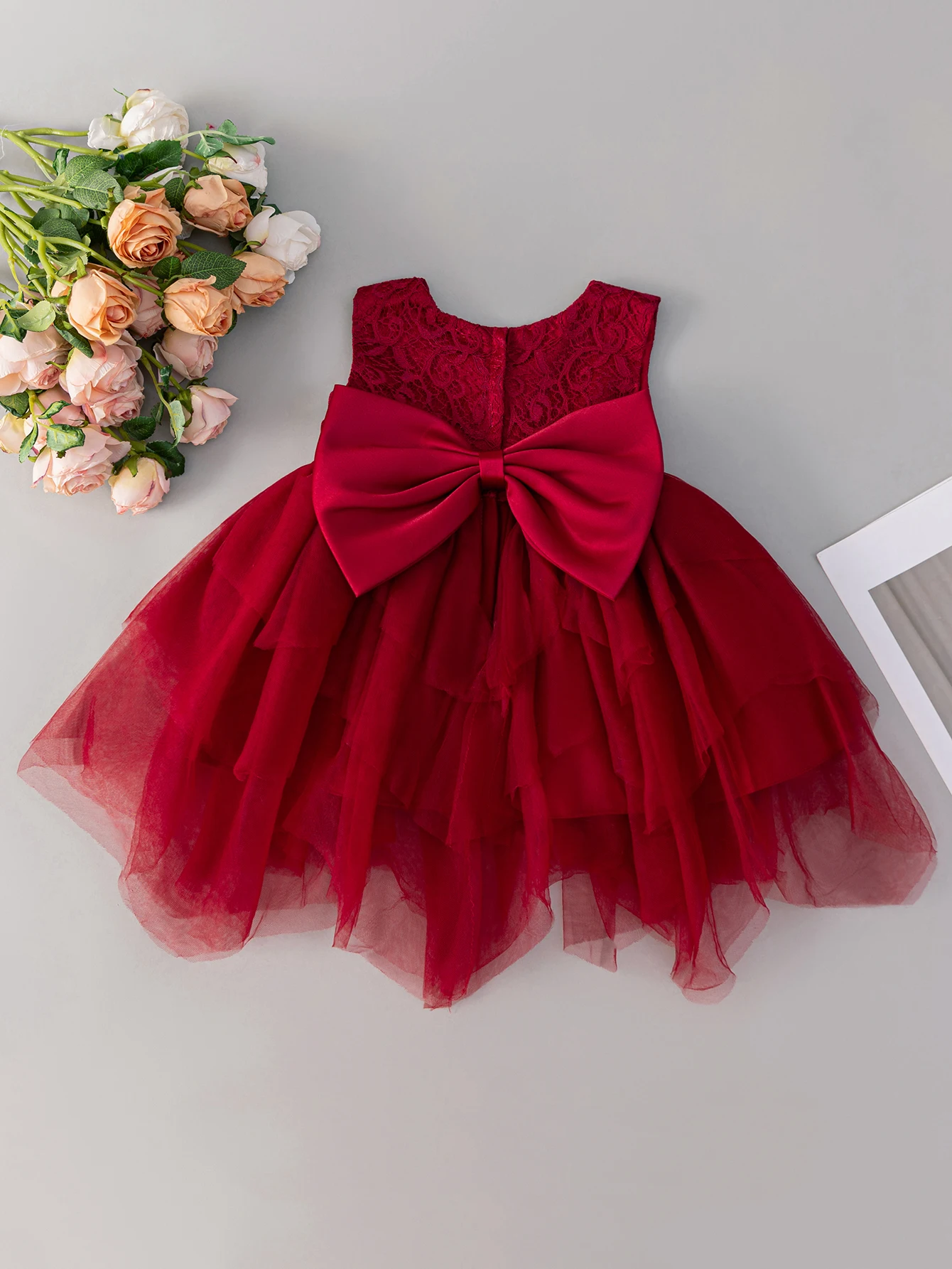 

Infants Aged 0-2 Years Burgundy Gauze Dress Suitable for Birthday Celebrations Cake skirt