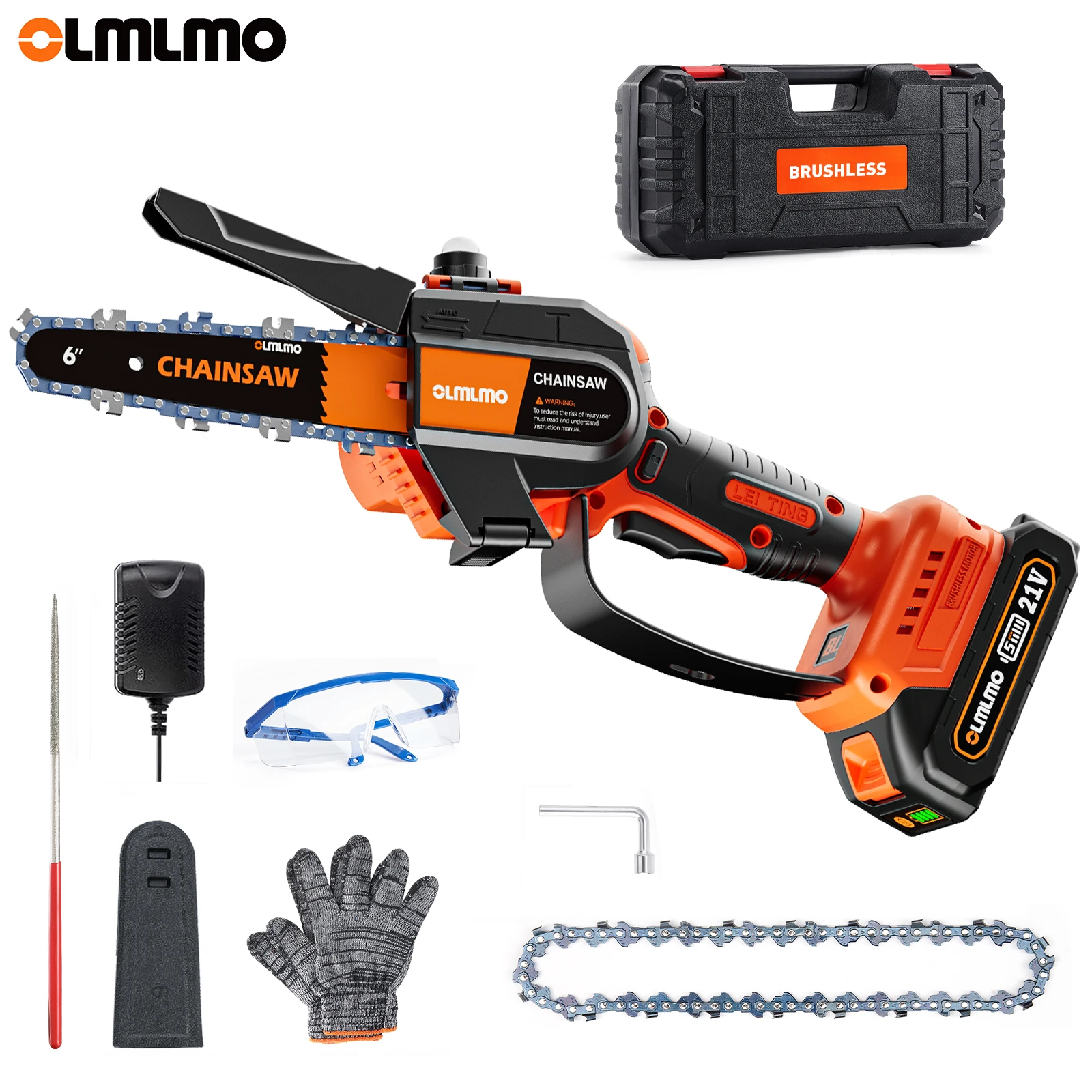 

OLMLMO Mini 6 Inches Chainsaw With Security Lock 21V 2000mAh External Battery Handheld Brushless Electric Chain Saw Cutting Wood