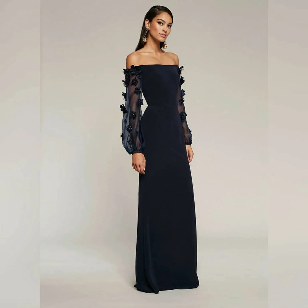 

Customized Exquisite Black Jersey Prom Dresses With Hand Made Flower Off The Shoulder Evening Dresses Long Sleeves Par