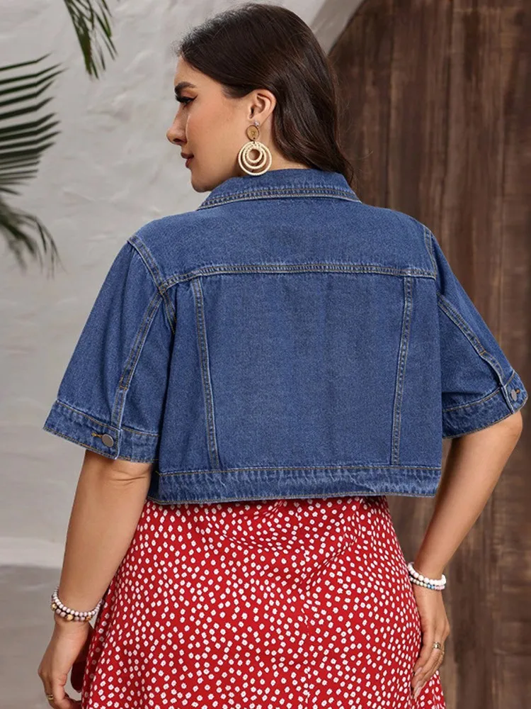 3XL حجم كبير بلوزات الإناث غير رسمية النساء الدنيم سترة ربيع الخريف ملابس قصيرة الأكمام الجينز الصدريات واحدة الصدر 5XL 4XL