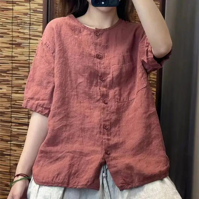 Versatile Cotton and Linen Short Sleeved Round Neck Shirt for Women's Summer Art Loose Fitting and Age Reducing Cardigan