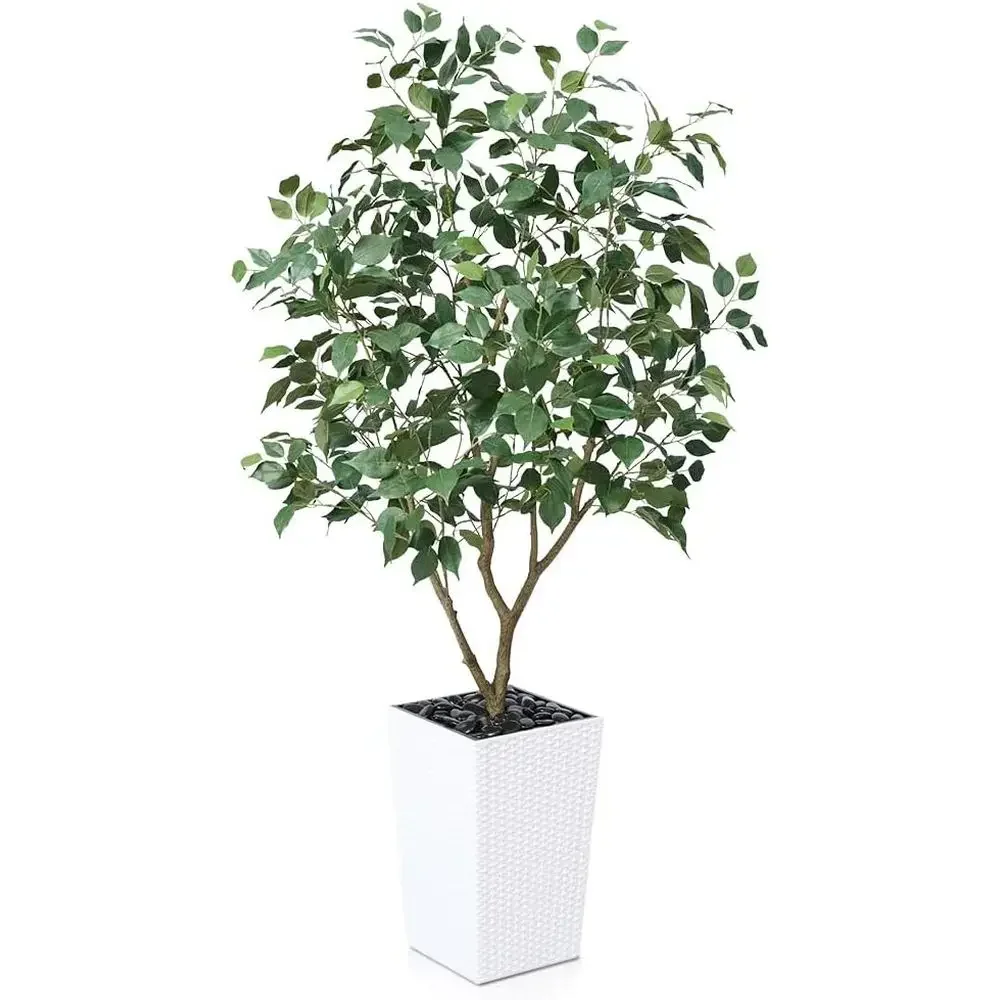 

5-Foot Artificial Tree with White Taper Planter and Pebbles - Tall UV-Resistant Silk Leaf Trees for Indoor or Outdoor, Potted Fl