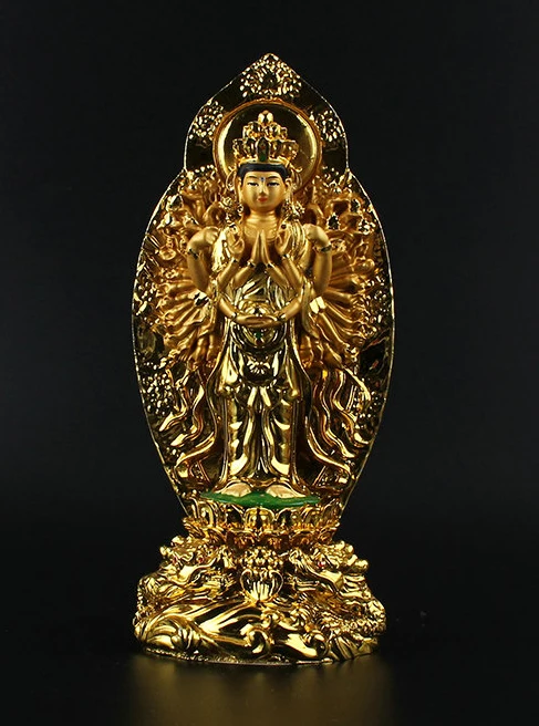 Wholesale Buddha supplies @19CM HOME  Family efficacious protective-Talisman Thousand-hand Bodhisattva gilding statue Decoration