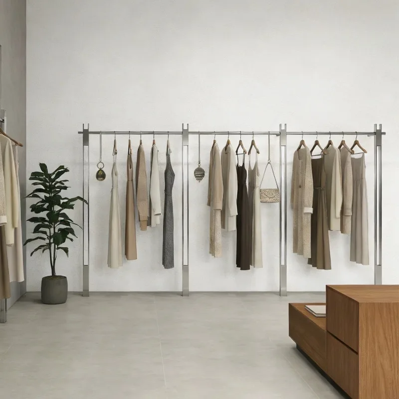 Clothing store display rack High-end women's clothing store upper wall Korean-style hanger brushed stainless steel floor-to-ceil