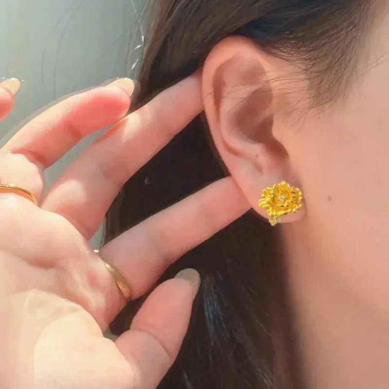 Luxury 24K 9999 Pure Gold real gold Fugui Peony Flower Earrings for Women