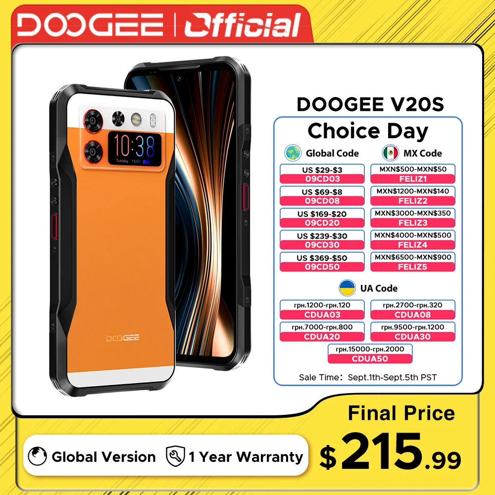 

DOOGEE V20S Rugged Phone Dimensity 6020 5G Octa Core 1.58" AMOLED Rear Display 12GB+256GB Leather Texture With Kickstand Phone