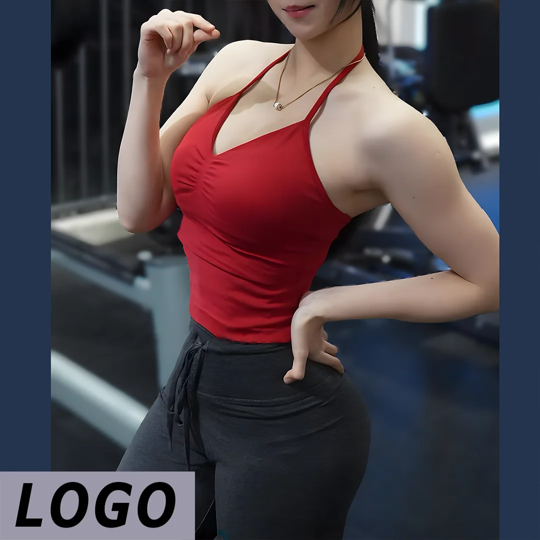 LOGO DF Seamless Strappy Yoga Tank Top For Women Longline V‑Neck Sport Vest Removable Pads Breathable Gym Running Workout Fitnes