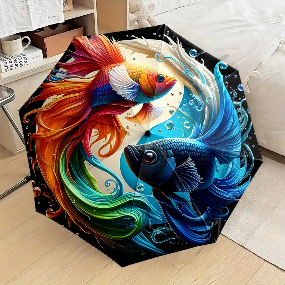 1PC Fish artwork umbrella with vibrant colors and artistic design Print 8 Iron Ribs Folding Umbrella Auto-Open Fashion Sunshade