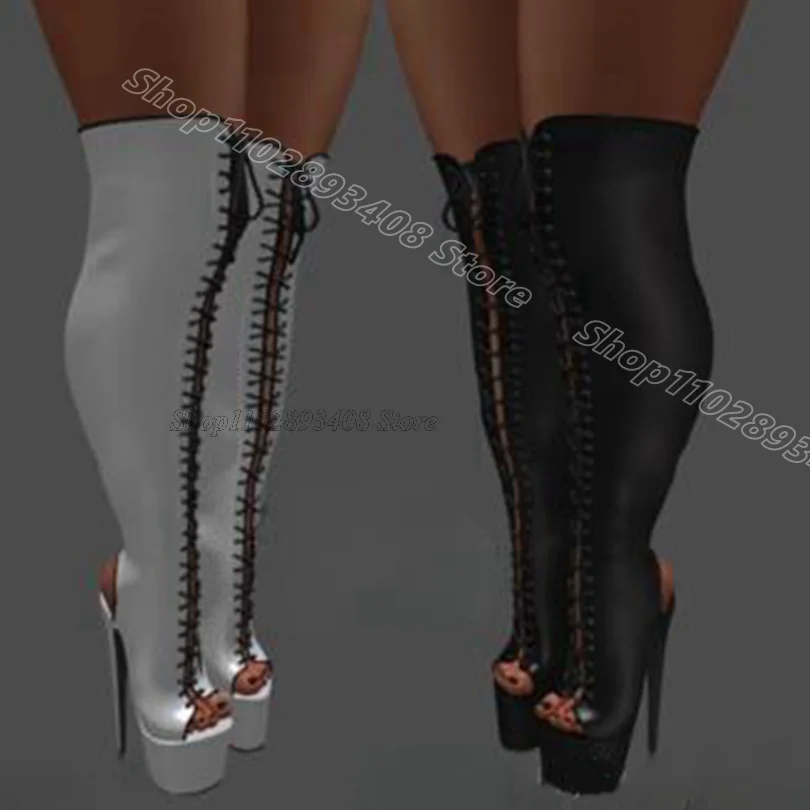 Black Slingback Platform Cross Band Boots Open Toe British Style New Stylish Spring Women Over Knee Boots Zapatos Para Mujere