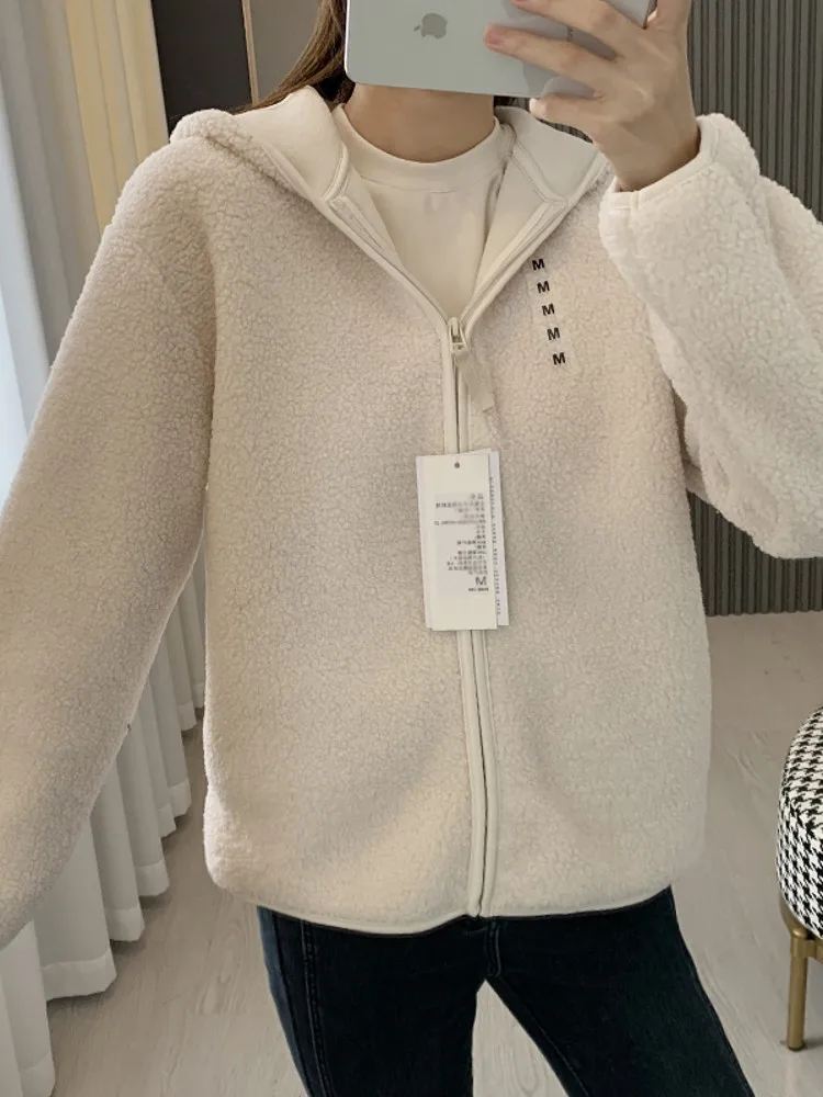 

European and American Lamb Fleece Hooded Mid Length Hoodie for Women Autumn and Winter New Item with Plush Jacket for Women