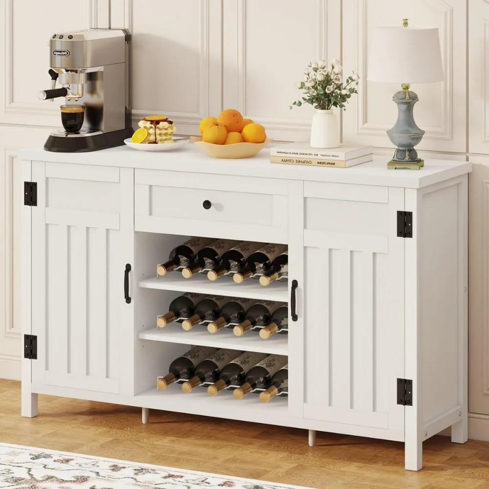 Aparador de madera para buffet con cajón y estante para vino, mueble moderno para cafetería para sala de estar y cocina (55,12 pulgadas, roble blanco)