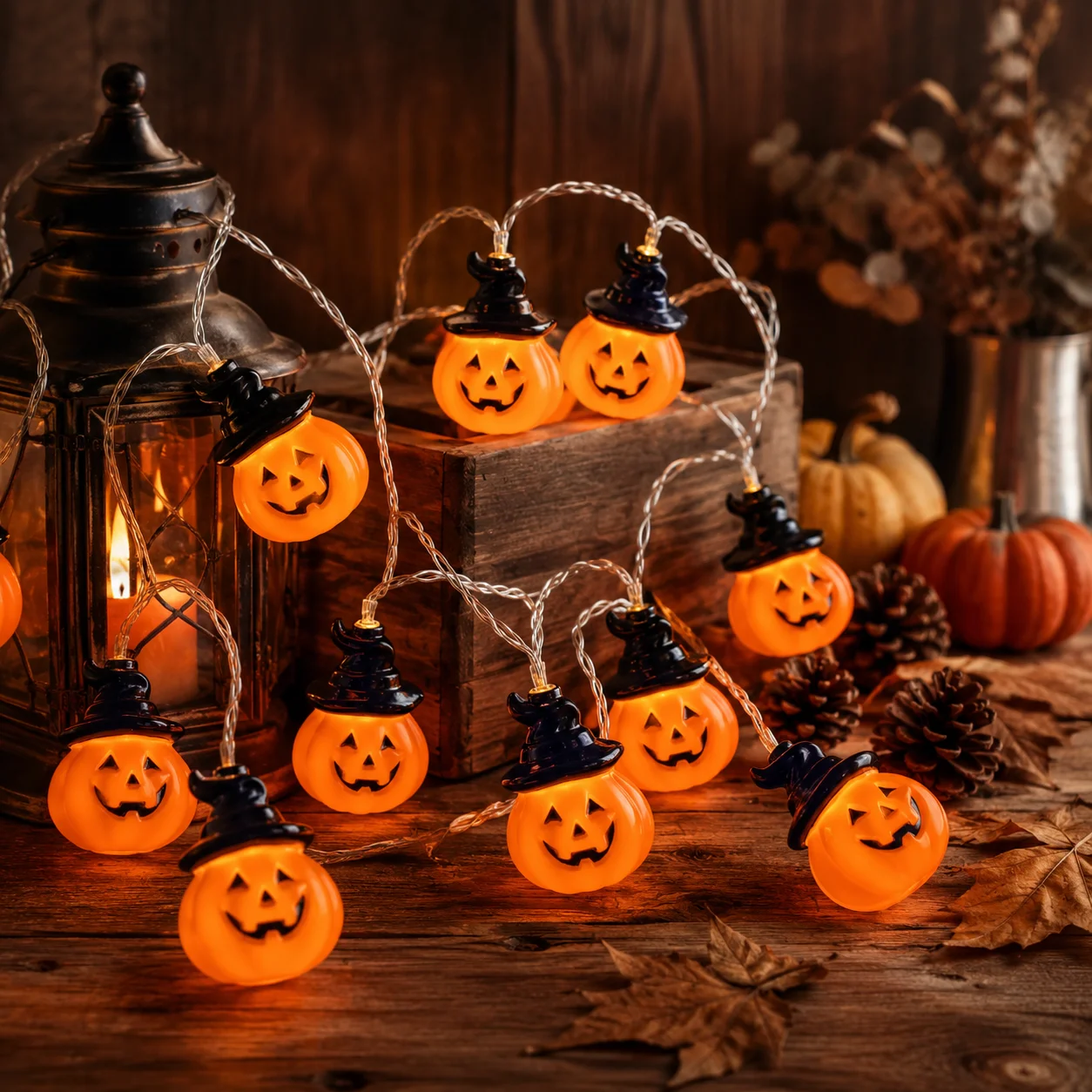 Halloween Jack-o-Lantern Fairy Lights 10 LED Warm White Pumpkin String Garland with Witch Hats for Indoor Porch Party Decor