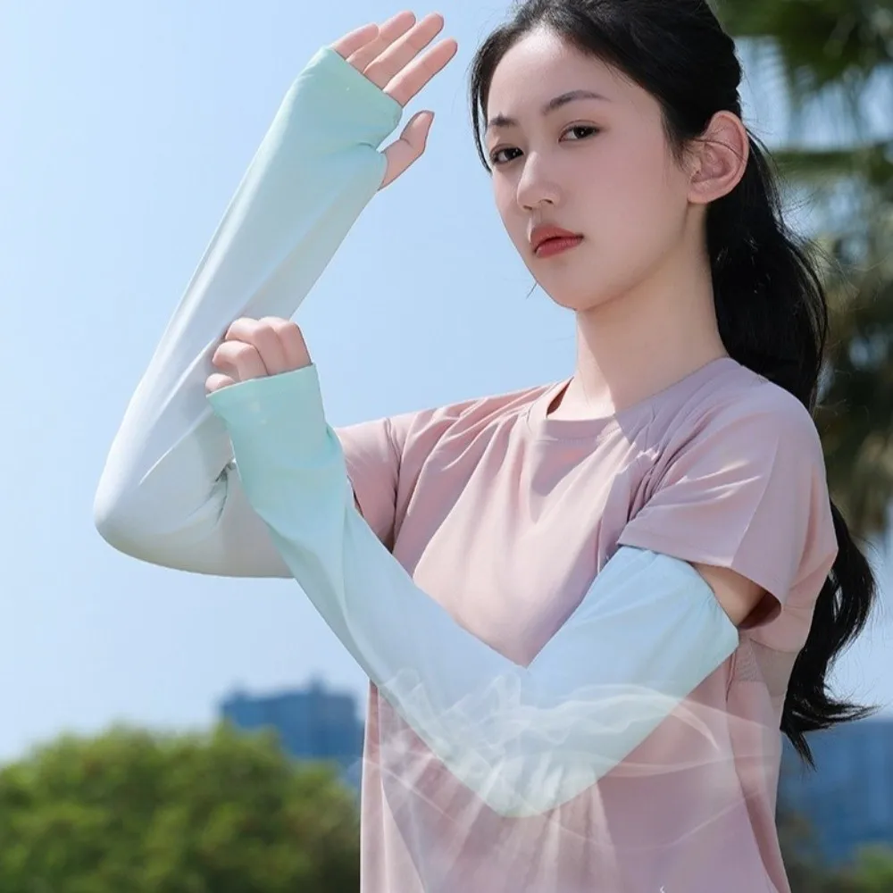 Sweet Pulling Rope Ice Silk Arm Sleeves Gradient Color UV Protection Sunscreen Arm Sleeves Large Flared Cycling Arm Cover Girl