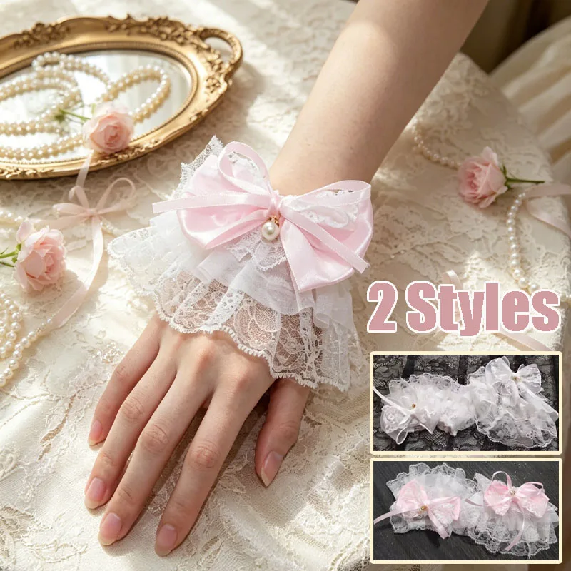 Pearl Lace Bow Removable Flared Cuff Wristlet, Lolita Cosplay Layered Sleeve Decor for Costume Party