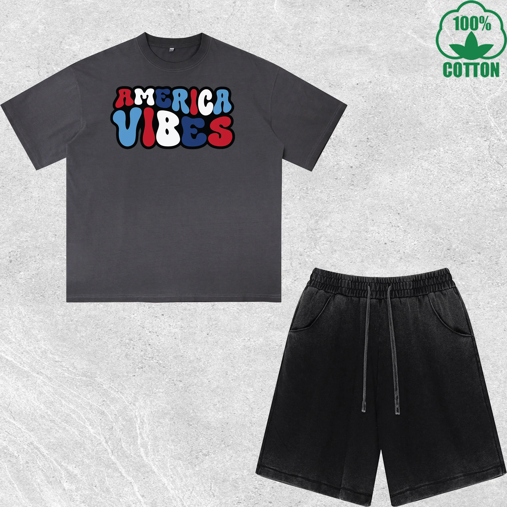 

America Vibes Printed Dirty Wash T-Shirt Shorts Set Multicolor Combo Loose Trendy 100%Cotton