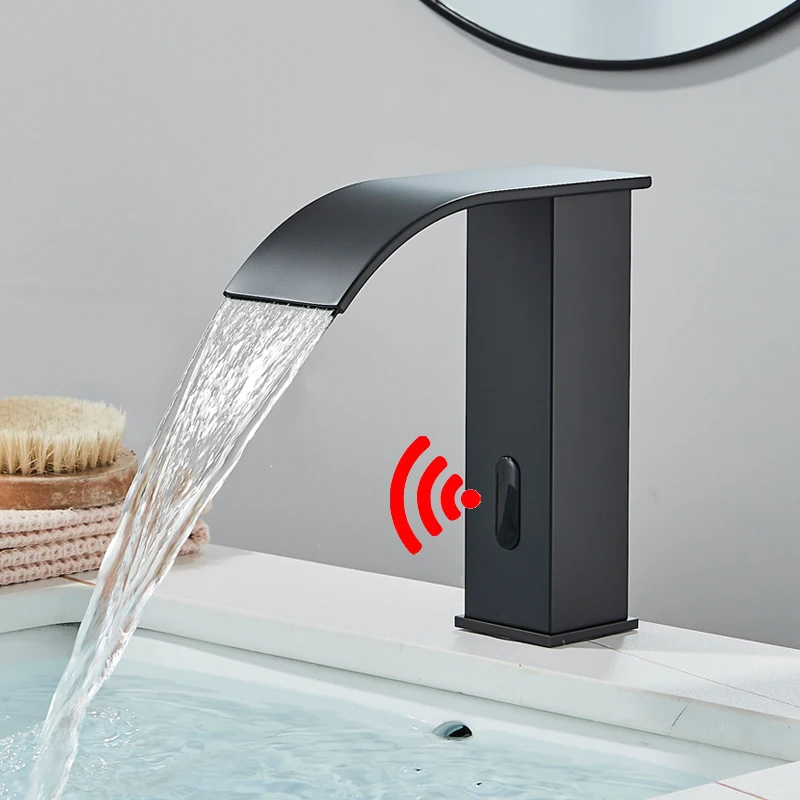 Shinesia Black Bathroom Faucet Deck Mounted Automatic Sensor Water Mixer Crane Free Touch Sink Tap Bathroom Sink Faucets