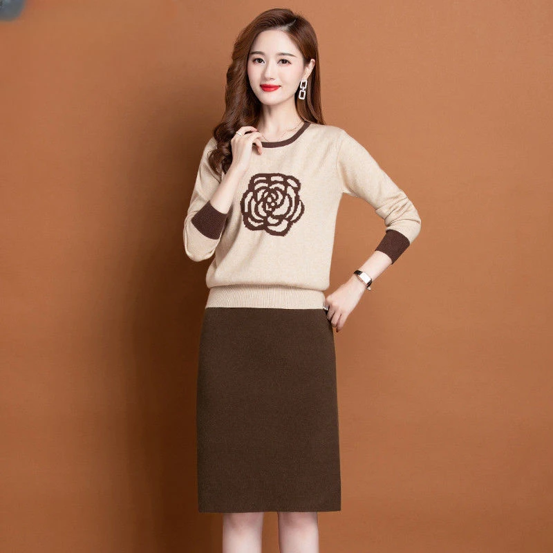 

2023 Women Autumn Winter New Skirt Two Piece Sets Female O-neck Sweater Tops + High Waist Skirts Ladies Knitting Suits U355