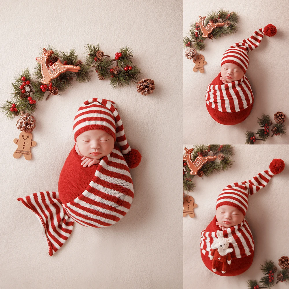 Neugeborene Weihnachts fotografie Requisiten Patchwork Strick wickel Decke gestreiften Hut Lebkuchen mann Studio einfache Weihnachten Fotoshooting Thema