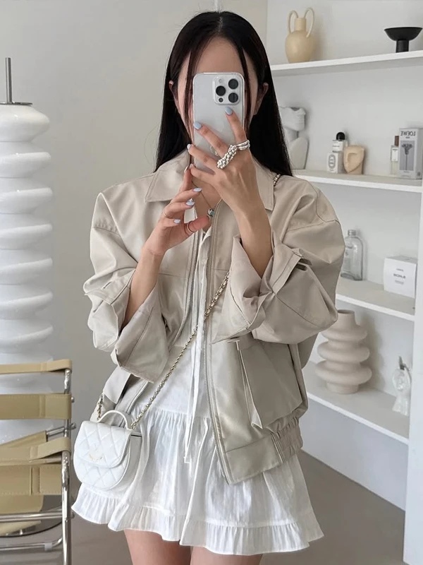 

Sli винтажная кожаная женская свободная длинная куртка на молнии све, повседневная гонконгская мотоциклетная одежда, осенняя мода