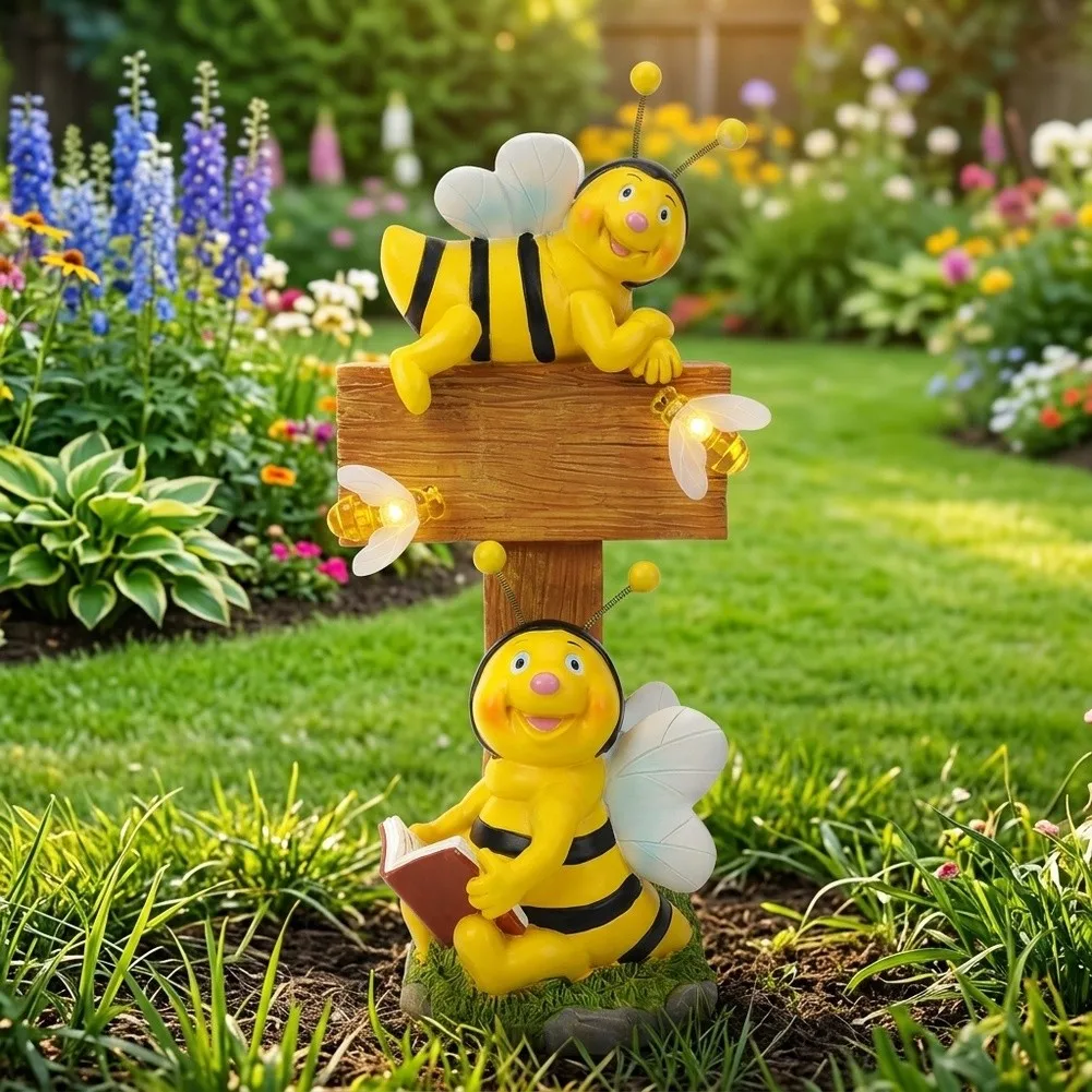 Resin Bee Welcome Sign for Garden for Patio Decor for solar Powered for sculpture with Built-in Light for Evening Ambiance