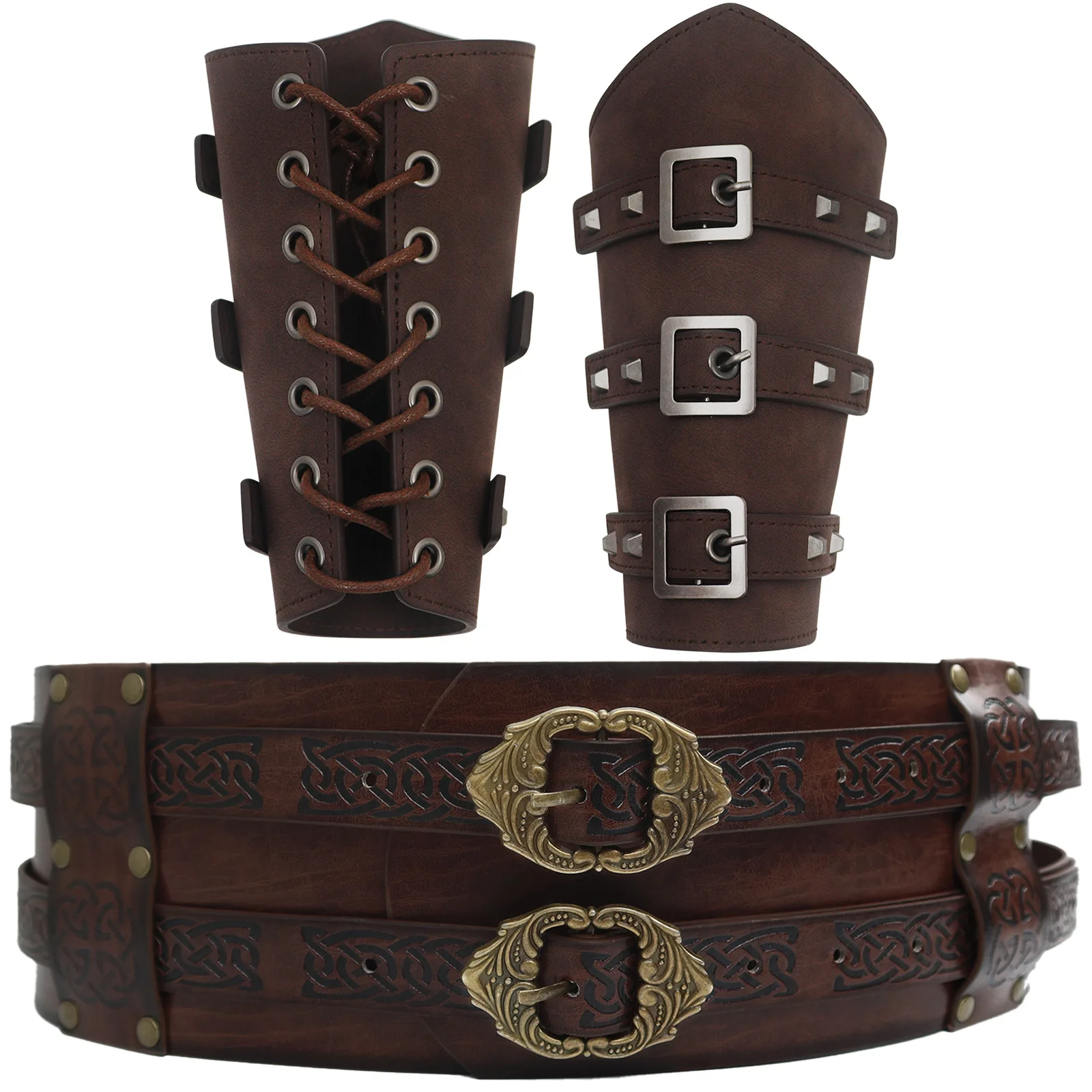 Adjustable Medieval Men Leather Wrist Guards and Waist Belt Set Vintage Punk Viking Cosplay Costume Accessories Party Props