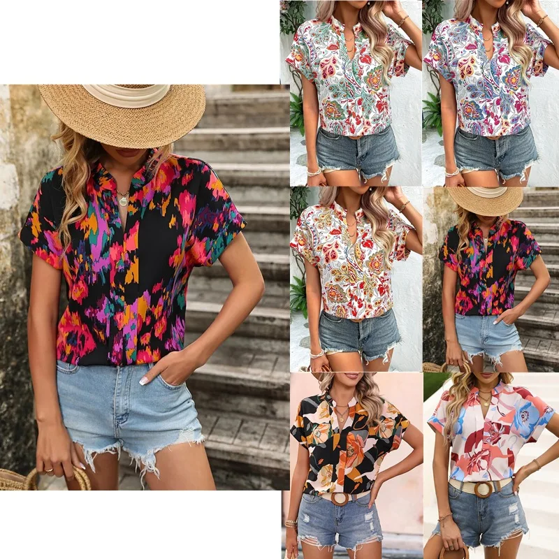 New Womens Boho Floral Abstract Print Notched Neck Short Sleeve Casual Blouse for Summer Beach