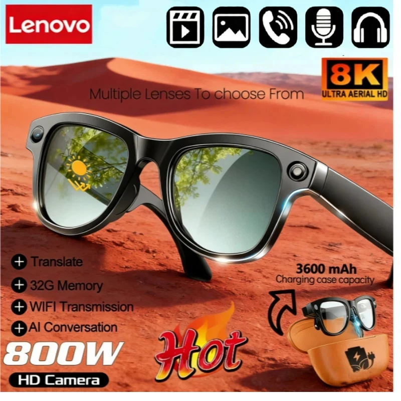 

Lenovo 8K HD AI Smart Glasses Photochromic Multifunction Bluetooth Calling Voice Assistant Music Player Translate Camera Glasses
