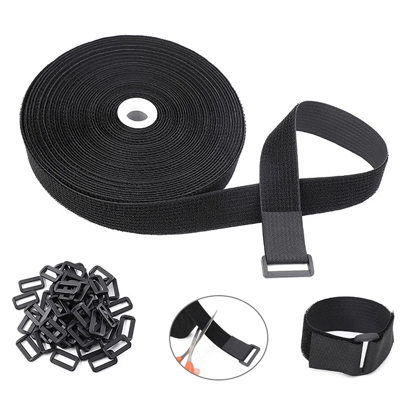 5M Reusable Nylon Hook Loop Fastening Cable Tape Cut-to-Length Self-Adhesive Securing Strap With Buckle For Organizer Storage