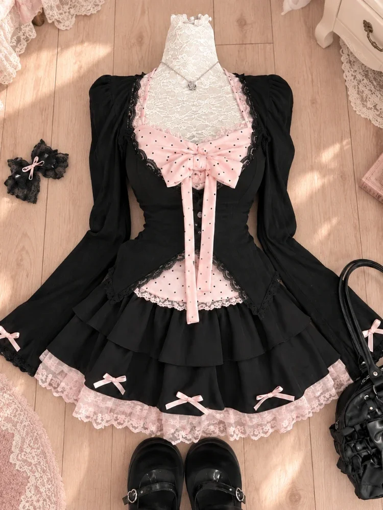 Japanese Kawaii Y2K 2 Piece Women Outfit Crop Top Blouse Mini Skirt American Retro Style Korean Casual Daily Matching Skirt Sets
